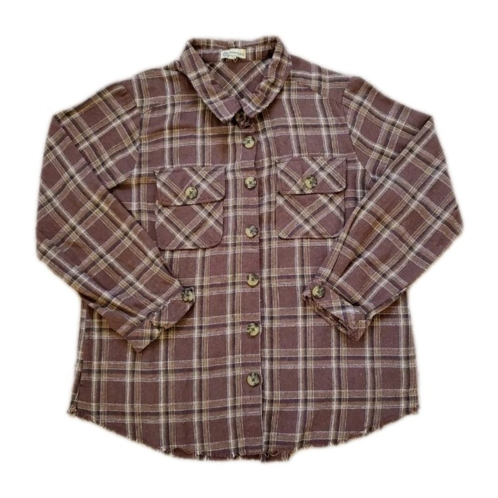 Democracy Women's Plaid Flannel Shacket Brown L Relaxed Fit Raw Hem Preppy‎ Cozy
